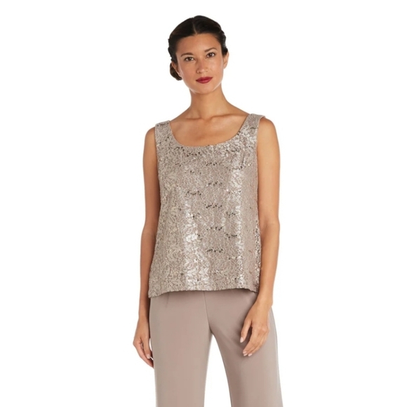 NWT R&M Richards Metallic Lace Tank Top with Sheer Lace Jacket in Champagne 4P - Picture 2 of 13